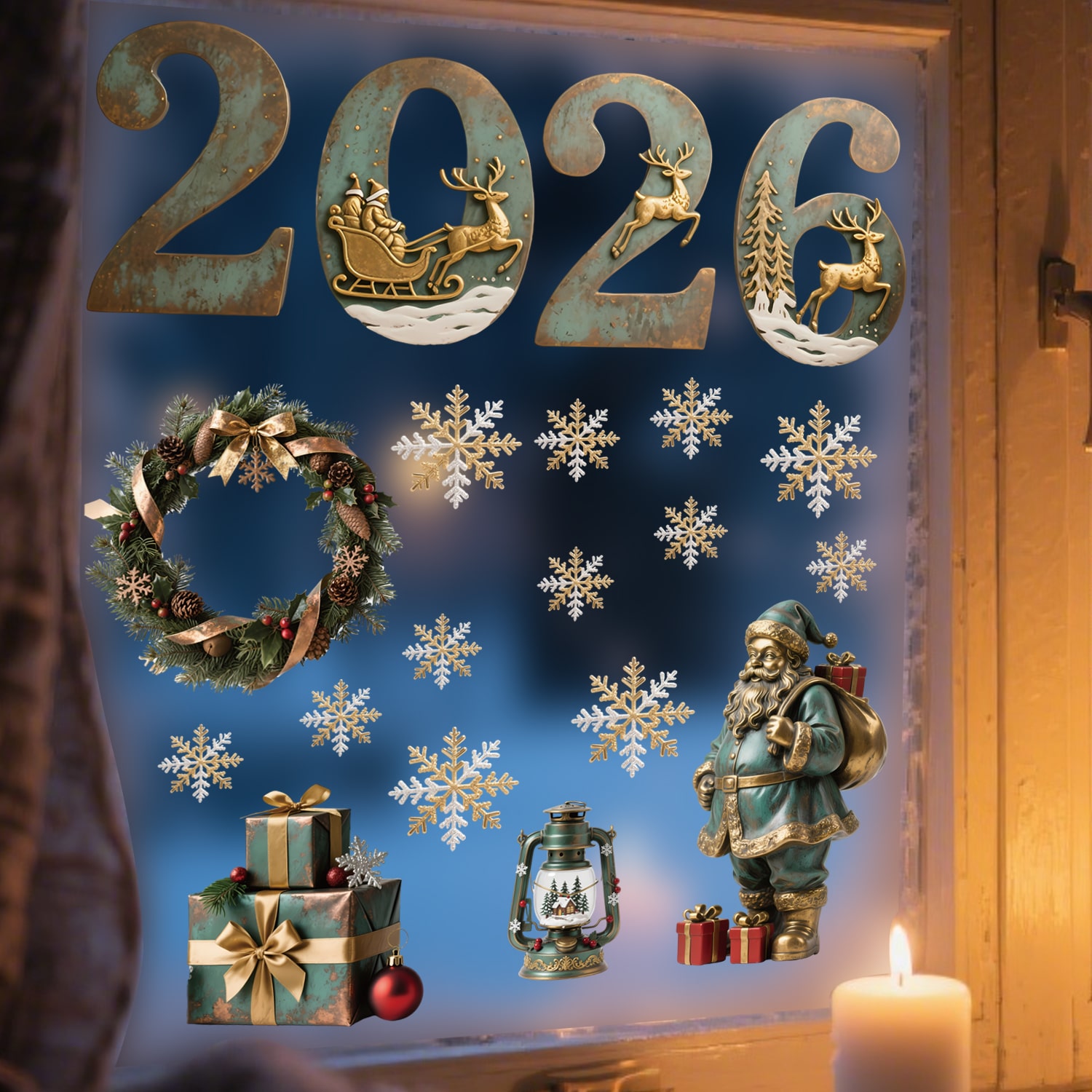 Decal Noel 2026 Hít Tĩnh Điện – Chữ 2026 Vintage, Hoa Tuyết & Ông Già Noel Cổ Điển Trang Trí Kính - Hình ảnh 5