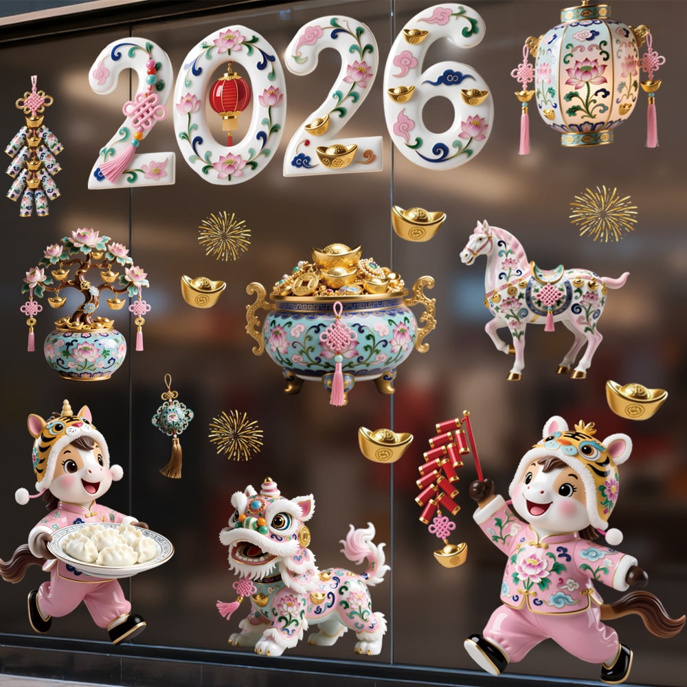 Decal Tết 2026 Hoa Sen – Ngựa May Mắn – Bình Tài Lộc Gốm Sứ | Hít Tĩnh Điện – MingDecor - Hình ảnh 3