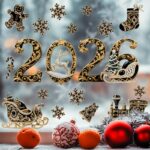 Decal Noel 2026 Đen Vàng Hoàng Gia – Hít Tĩnh Điện Cao Cấp, Chữ 2026 Hoạ Tiết Baroque – Đính Kim Sa Sang Trọng