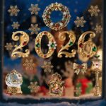 Decal Noel 2026 Hoàng Gia Đỏ Xanh – Hít Tĩnh Điện Cao Cấp, Chữ 2026 Đính Đá Sang Trọng tại MingDecor