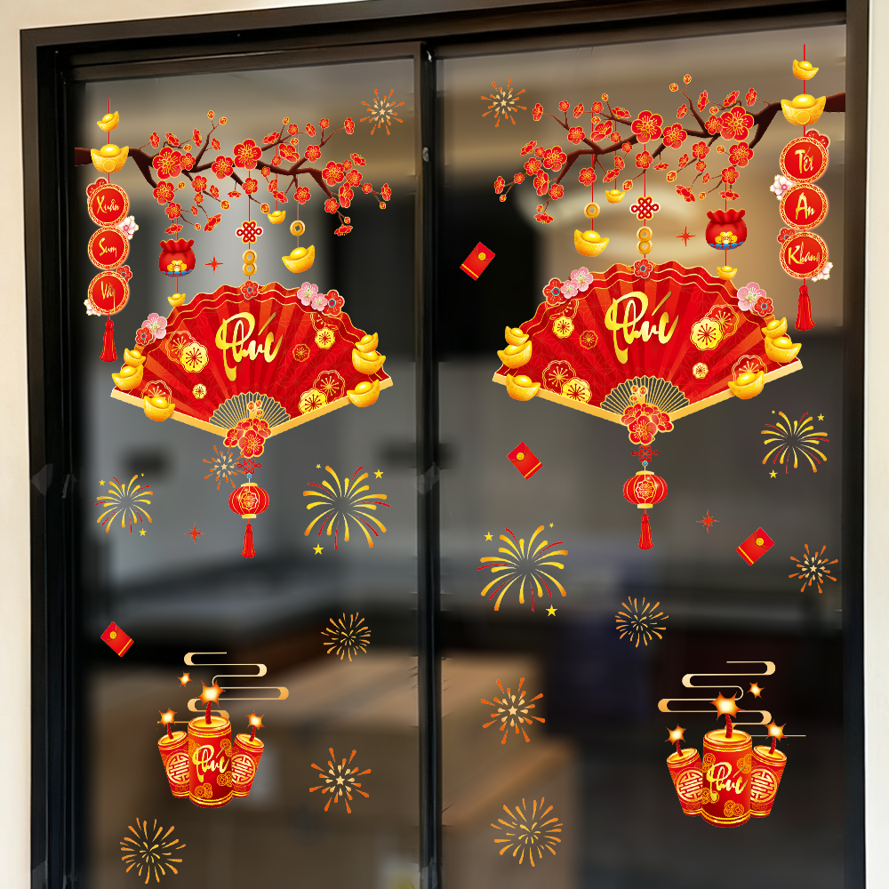 Decal Tết Quạt Phú 2026 – Cành Đào Đỏ & Pháo Hoa – Hít Tĩnh Điện | Khổ 60×90 cm Trang Trí Cửa Kính Tết Sang Trọng - Hình ảnh 5