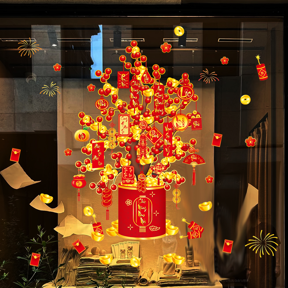 Decal Tết Cây Lộc 2026 – Bao Lì Xì & Thỏi Vàng May Mắn | Hít Tĩnh Điện | Khổ 60×90 cm Trang Trí Cửa Kính Tết - Hình ảnh 2