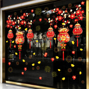 Decal Tết Lồng Đèn & Túi Phúc Lộc 2026 – Hoa Đào – Vàng Tài Lộc | Hít Tĩnh Điện | Khổ 60×90 cm Trang Trí Cửa Kính Tết