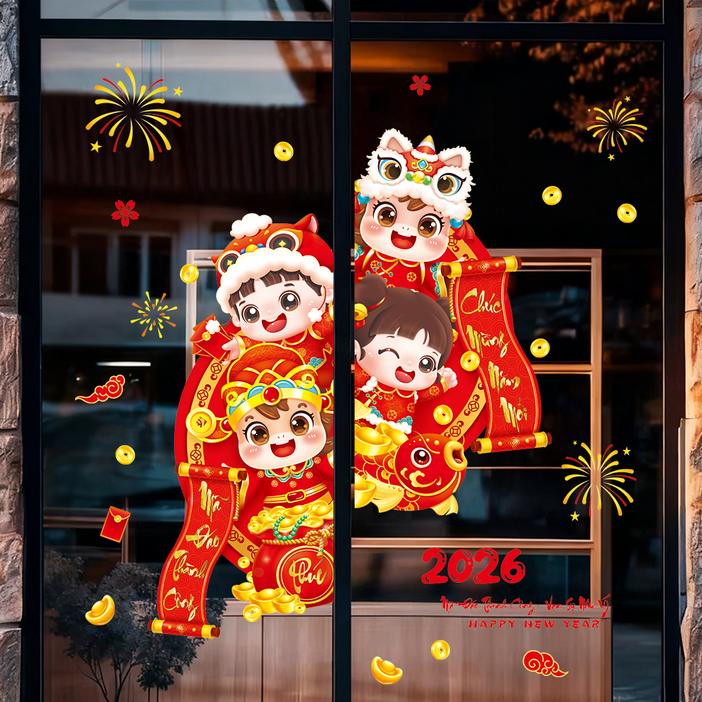 Decal Tết Bé Mừng Xuân 2026 – Bé Cá Chép Hóa Rồng & Bé Múa Lân | Decal Tết Hít Tĩnh Điện | Khổ 60×90 cm Trang Trí Cửa Kính - Hình ảnh 2