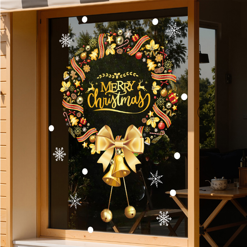 Decal Noel 2026 Vòng Hoa Vàng Chuông Vàng – Hít Tĩnh Điện Cao Cấp (Khổ 45x60) – Trang Trí Giáng Sinh Sang Trọng tại MingDecor