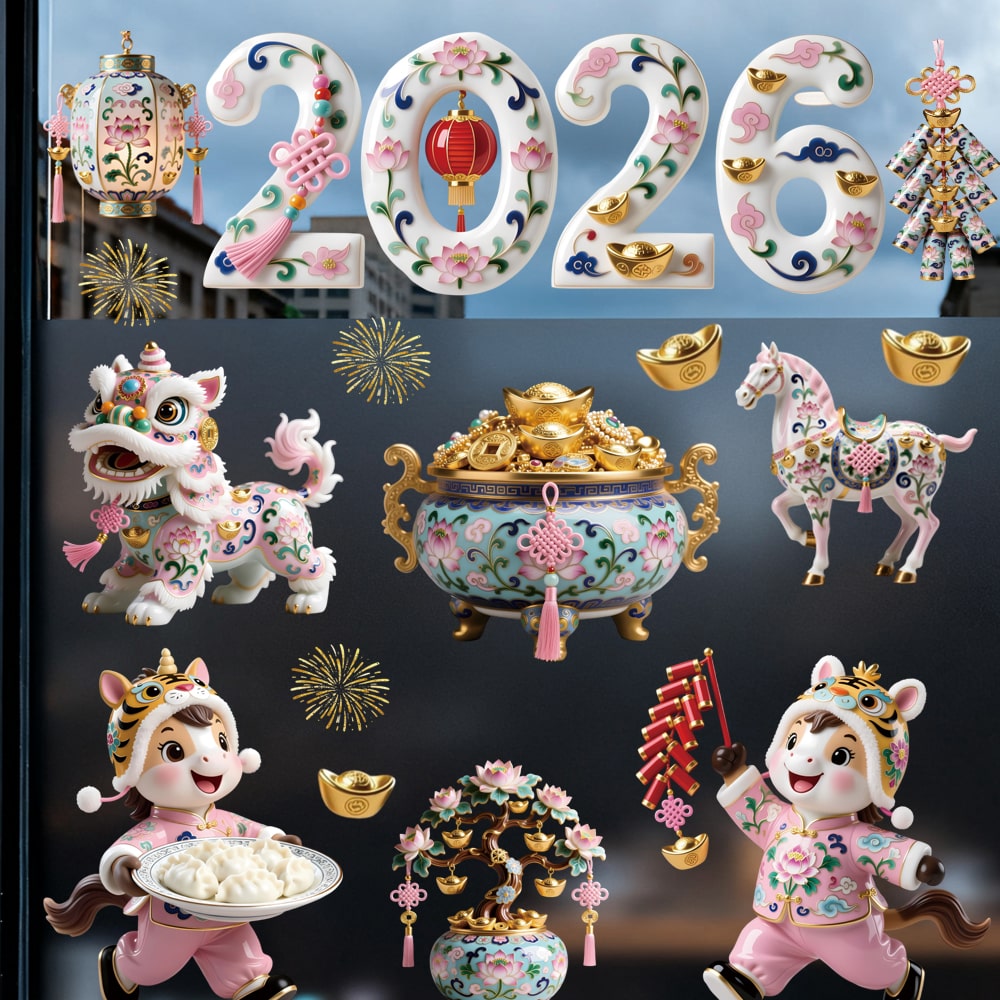 Decal Tết 2026 Hoa Sen – Ngựa May Mắn – Bình Tài Lộc Gốm Sứ | Hít Tĩnh Điện – MingDecor - Hình ảnh 4