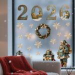 Decal Noel 2026 Hít Tĩnh Điện – Chữ 2026 Vintage, Hoa Tuyết & Ông Già Noel Cổ Điển Trang Trí Kính