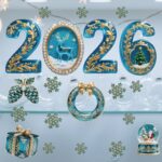 Decal Noel 2026 Xanh Ngọc Hoàng Gia – Hít Tĩnh Điện Cao Cấp, Chữ 2026 & Họa Tiết Vàng Sang Trọng tại MingDecor