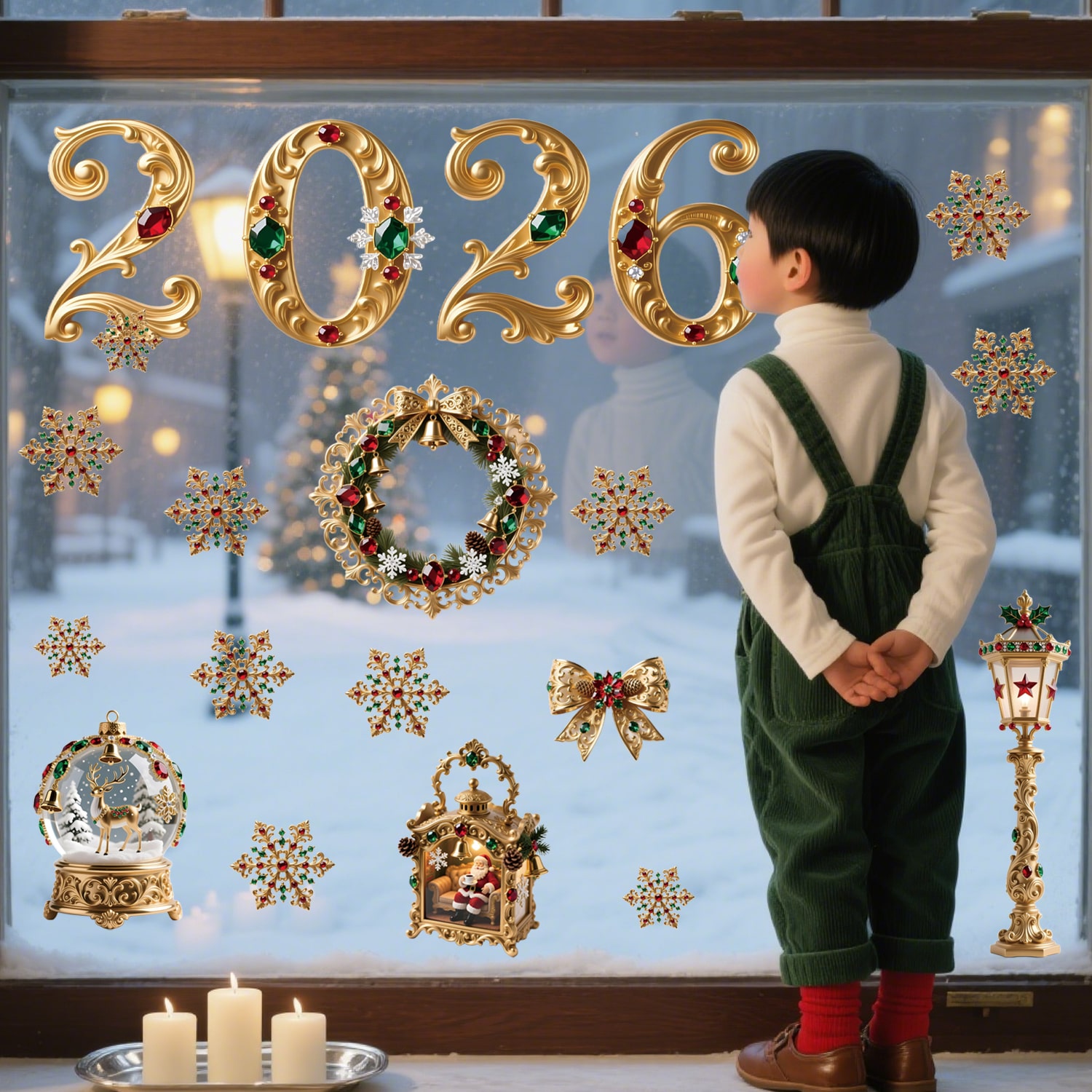 Decal Noel 2026 Hoàng Gia Đỏ Xanh – Hít Tĩnh Điện Cao Cấp, Chữ 2026 Đính Đá Sang Trọng tại MingDecor - Hình ảnh 5