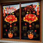 Decal Tết Quạt Phú 2026 – Cành Đào Đỏ & Pháo Hoa – Hít Tĩnh Điện | Khổ 60×90 cm Trang Trí Cửa Kính Tết Sang Trọng