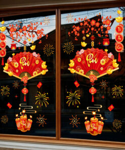 Decal Tết Quạt Phú 2026 – Cành Đào Đỏ & Pháo Hoa – Hít Tĩnh Điện | Khổ 60×90 cm Trang Trí Cửa Kính Tết Sang Trọng