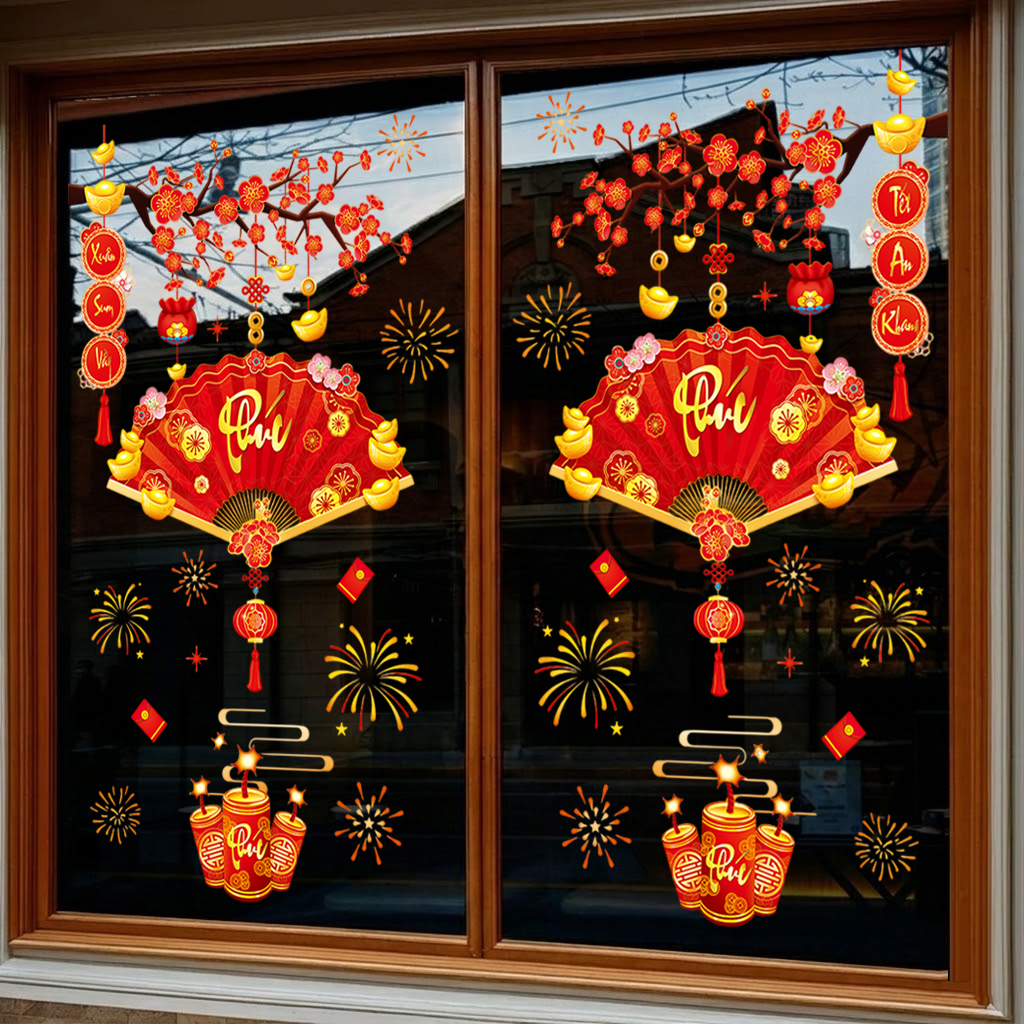 Decal Tết Quạt Phú 2026 – Cành Đào Đỏ & Pháo Hoa – Hít Tĩnh Điện | Khổ 60×90 cm Trang Trí Cửa Kính Tết Sang Trọng