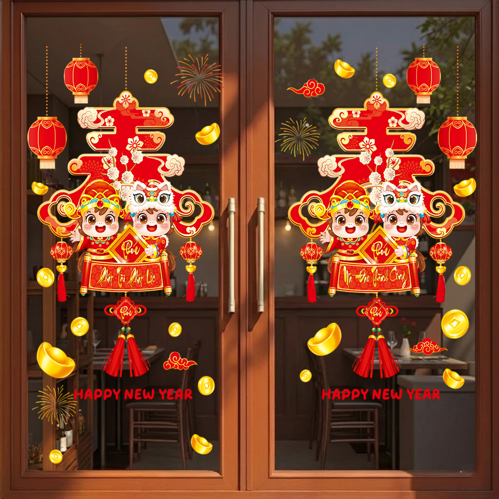 Decal Tết Bé Múa Lân 2026 – Chữ Phúc Lớn Đỏ Vàng | Decal Tết Hít Tĩnh Điện | Khổ 60×90 cm Trang Trí Cửa Kính - Hình ảnh 3