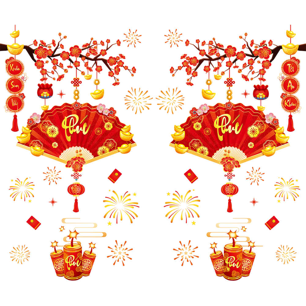 Decal Tết Quạt Phú 2026 – Cành Đào Đỏ & Pháo Hoa – Hít Tĩnh Điện | Khổ 60×90 cm Trang Trí Cửa Kính Tết Sang Trọng - Hình ảnh 3