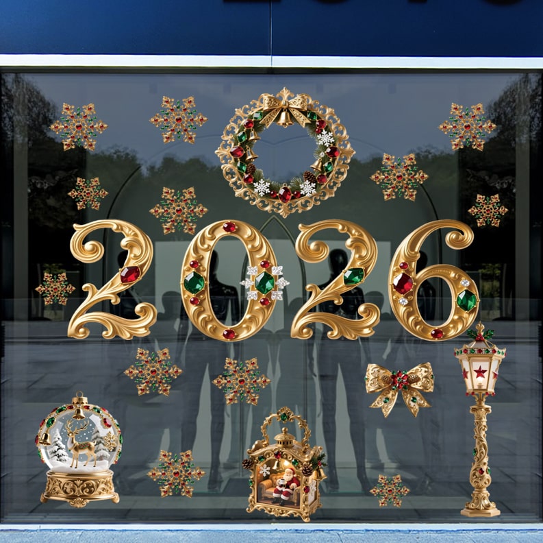 Decal Noel 2026 Hoàng Gia Đỏ Xanh – Hít Tĩnh Điện Cao Cấp, Chữ 2026 Đính Đá Sang Trọng tại MingDecor - Hình ảnh 6