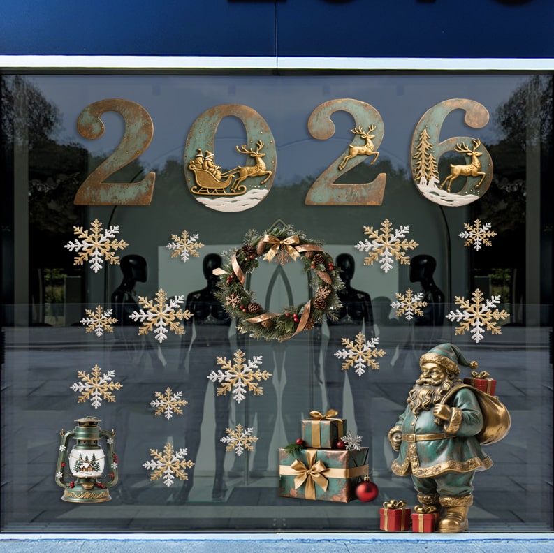 Decal Noel 2026 Hít Tĩnh Điện – Chữ 2026 Vintage, Hoa Tuyết & Ông Già Noel Cổ Điển Trang Trí Kính - Hình ảnh 3