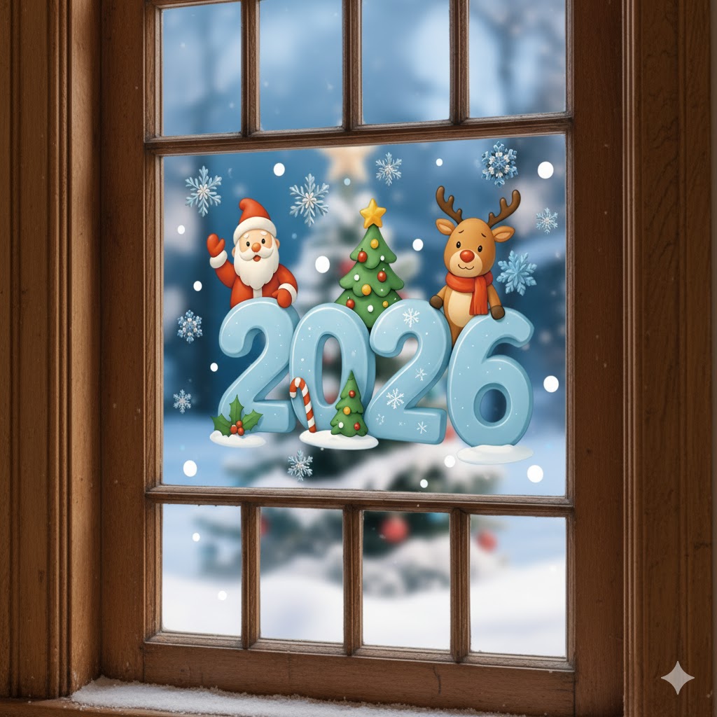 Decal Noel 2026 Hít Tĩnh Điện – Ông Già Noel, Tuần Lộc & Chữ 2026 Đáng Yêu – Trang Trí Kính Giáng Sinh - Hình ảnh 4