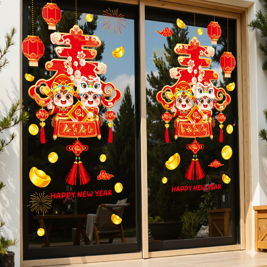 Decal Tết Bé Múa Lân 2026 – Chữ Phúc Lớn Đỏ Vàng | Decal Tết Hít Tĩnh Điện | Khổ 60×90 cm Trang Trí Cửa Kính - Hình ảnh 2