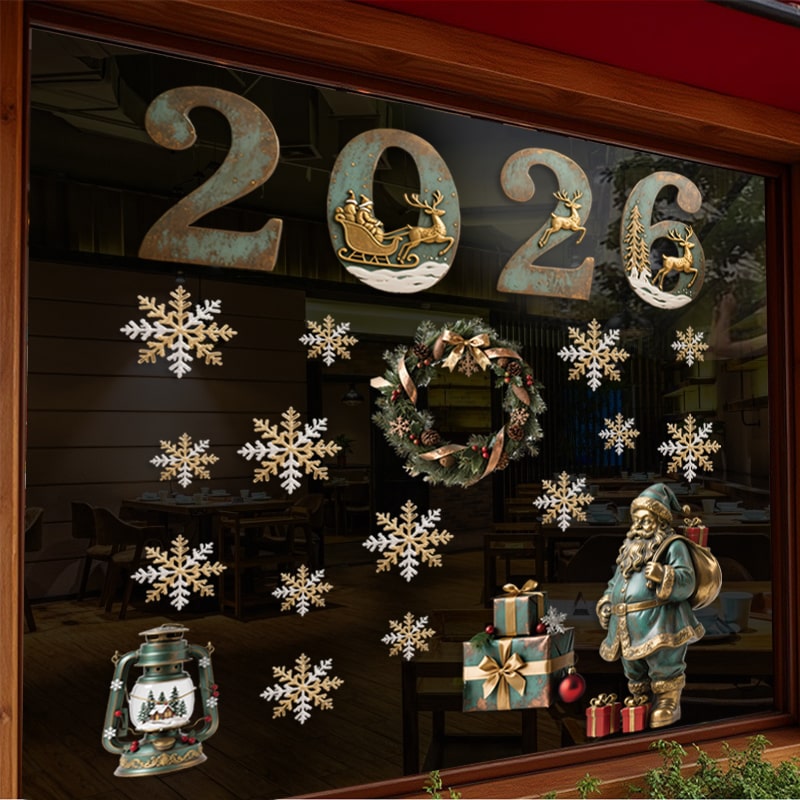 Decal Noel 2026 Hít Tĩnh Điện – Chữ 2026 Vintage, Hoa Tuyết & Ông Già Noel Cổ Điển Trang Trí Kính - Hình ảnh 2