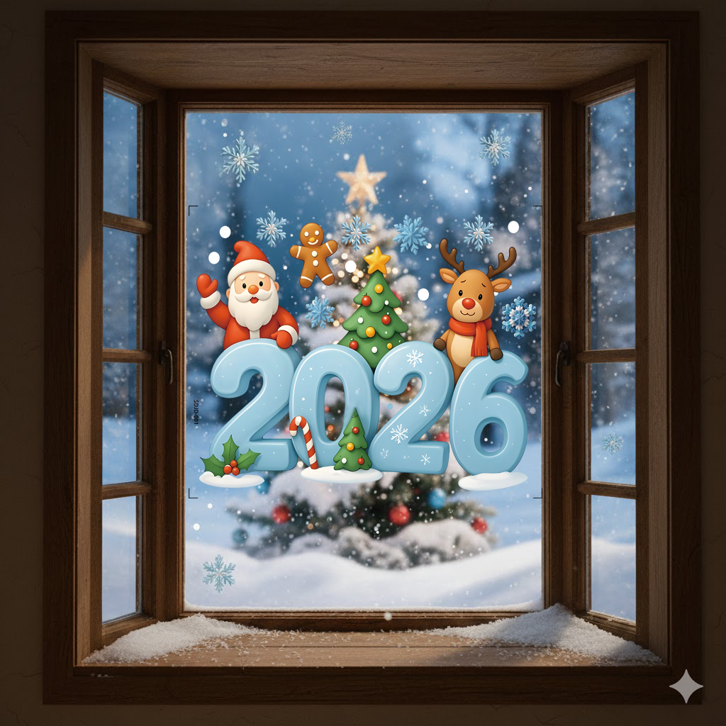 Decal Noel 2026 Hít Tĩnh Điện – Ông Già Noel, Tuần Lộc & Chữ 2026 Đáng Yêu – Trang Trí Kính Giáng Sinh - Hình ảnh 3