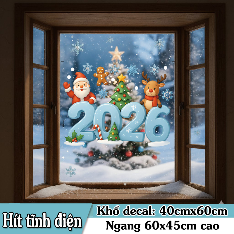 Decal Noel 2026 Hít Tĩnh Điện – Ông Già Noel, Tuần Lộc & Chữ 2026 Đáng Yêu – Trang Trí Kính Giáng Sinh - Hình ảnh 2