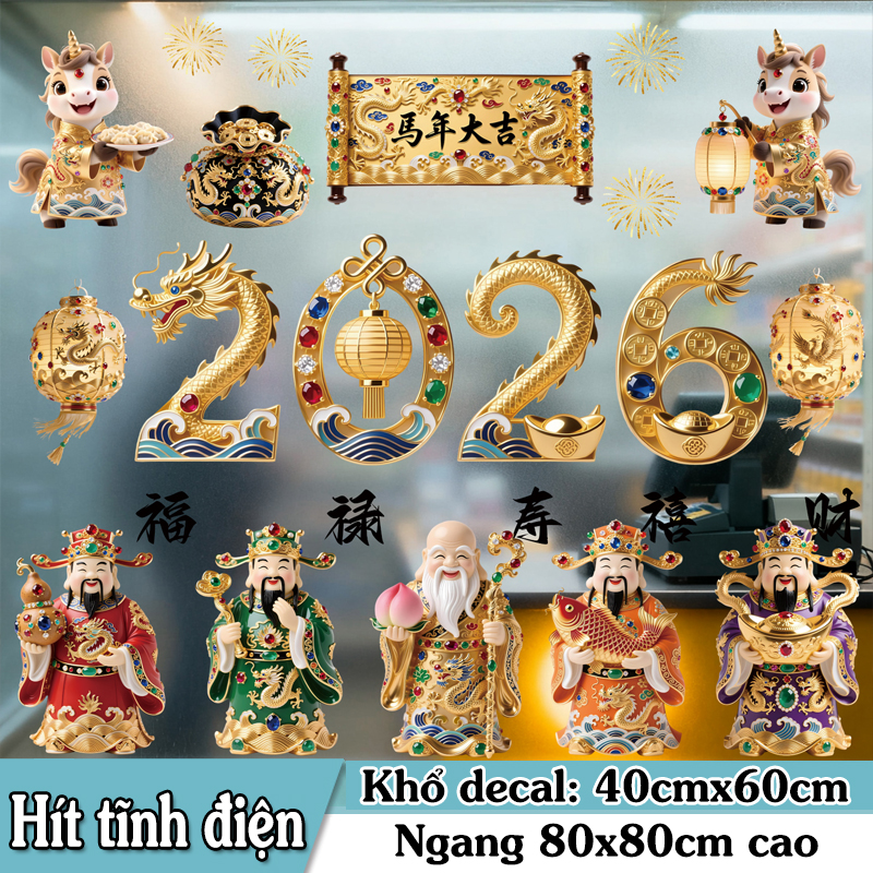 Decal Tết 2026 Thần Tài – Phúc Lộc Thọ – Vàng Kim Đá Quý | Hít Tĩnh Điện Cao Cấp – MingDecor - Hình ảnh 8