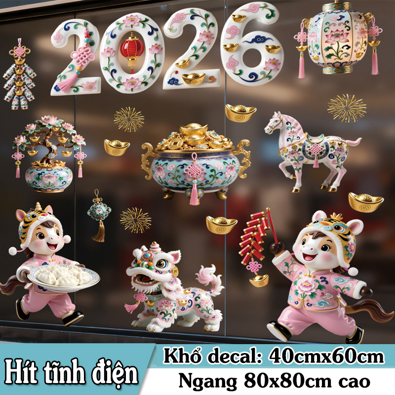 Decal Tết 2026 Hoa Sen – Ngựa May Mắn – Bình Tài Lộc Gốm Sứ | Hít Tĩnh Điện – MingDecor - Hình ảnh 7
