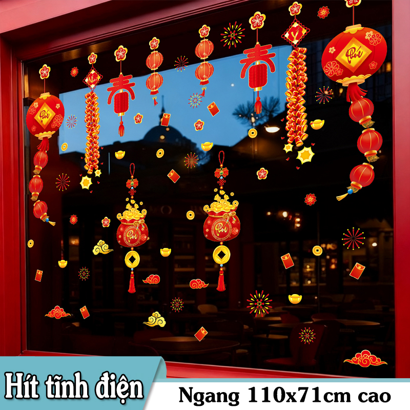 Decal Tết Lồng Đèn – Túi Tiền Tài Lộc – Pháo Đỏ | Hít Tĩnh Điện | Khổ 60x90 cm | Trang Trí Cửa Kính Tết 2026 Rực Rỡ & May Mắn - Hình ảnh 2