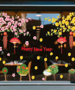 Decal Tết 2026 Hoa Đào – Mai Vàng – Bánh Chưng Bánh Tét | Decal Tết Hít Tĩnh Điện Khổ 60x90 cm Trang Trí Cửa Kính – MingDecor