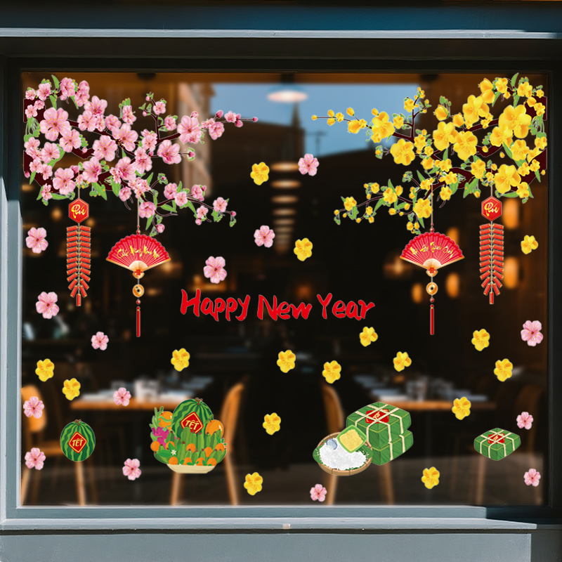 Decal Tết 2026 Hoa Đào – Mai Vàng – Bánh Chưng Bánh Tét | Decal Tết Hít Tĩnh Điện Khổ 60x90 cm Trang Trí Cửa Kính – MingDecor
