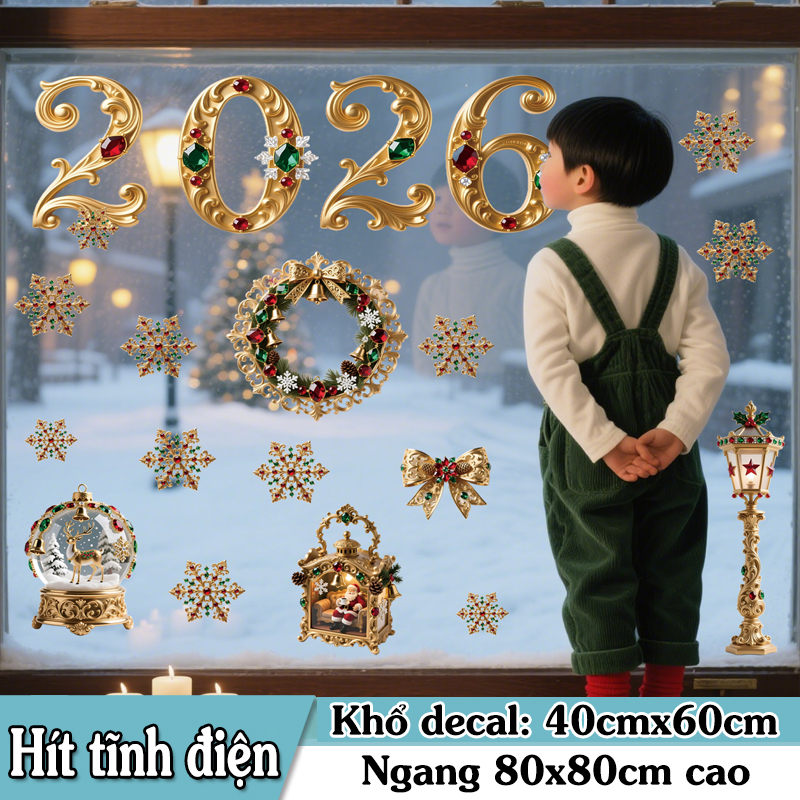 Decal Noel 2026 Hoàng Gia Đỏ Xanh – Hít Tĩnh Điện Cao Cấp, Chữ 2026 Đính Đá Sang Trọng tại MingDecor - Hình ảnh 8