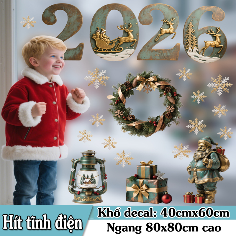 Decal Noel 2026 Hít Tĩnh Điện – Chữ 2026 Vintage, Hoa Tuyết & Ông Già Noel Cổ Điển Trang Trí Kính - Hình ảnh 8