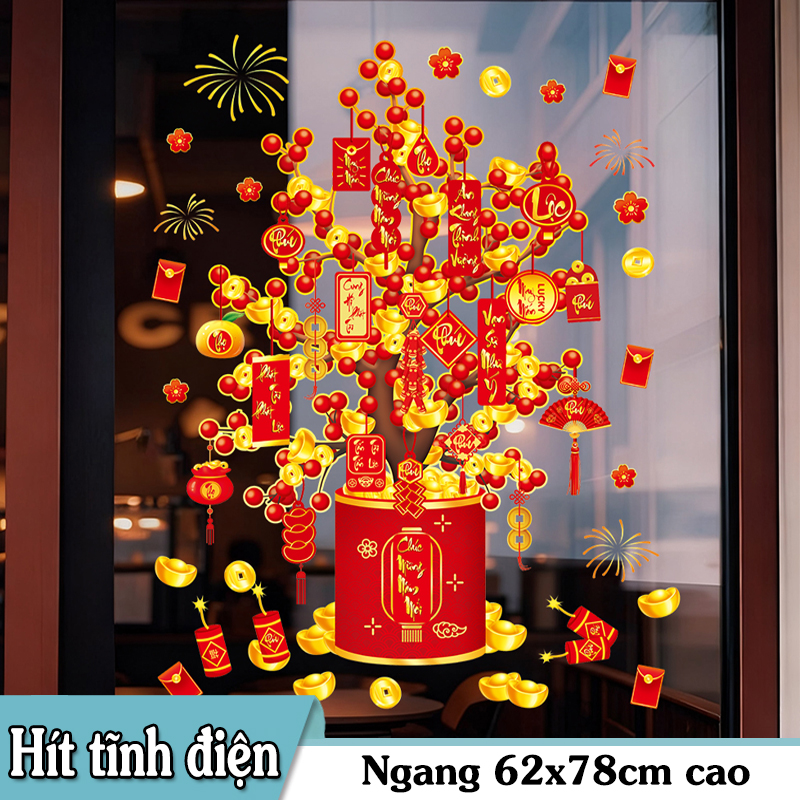 Decal Tết Cây Lộc 2026 – Bao Lì Xì & Thỏi Vàng May Mắn | Hít Tĩnh Điện | Khổ 60×90 cm Trang Trí Cửa Kính Tết - Hình ảnh 6