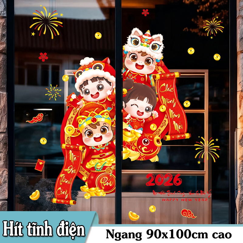Decal Tết Bé Mừng Xuân 2026 – Bé Cá Chép Hóa Rồng & Bé Múa Lân | Decal Tết Hít Tĩnh Điện | Khổ 60×90 cm Trang Trí Cửa Kính - Hình ảnh 6