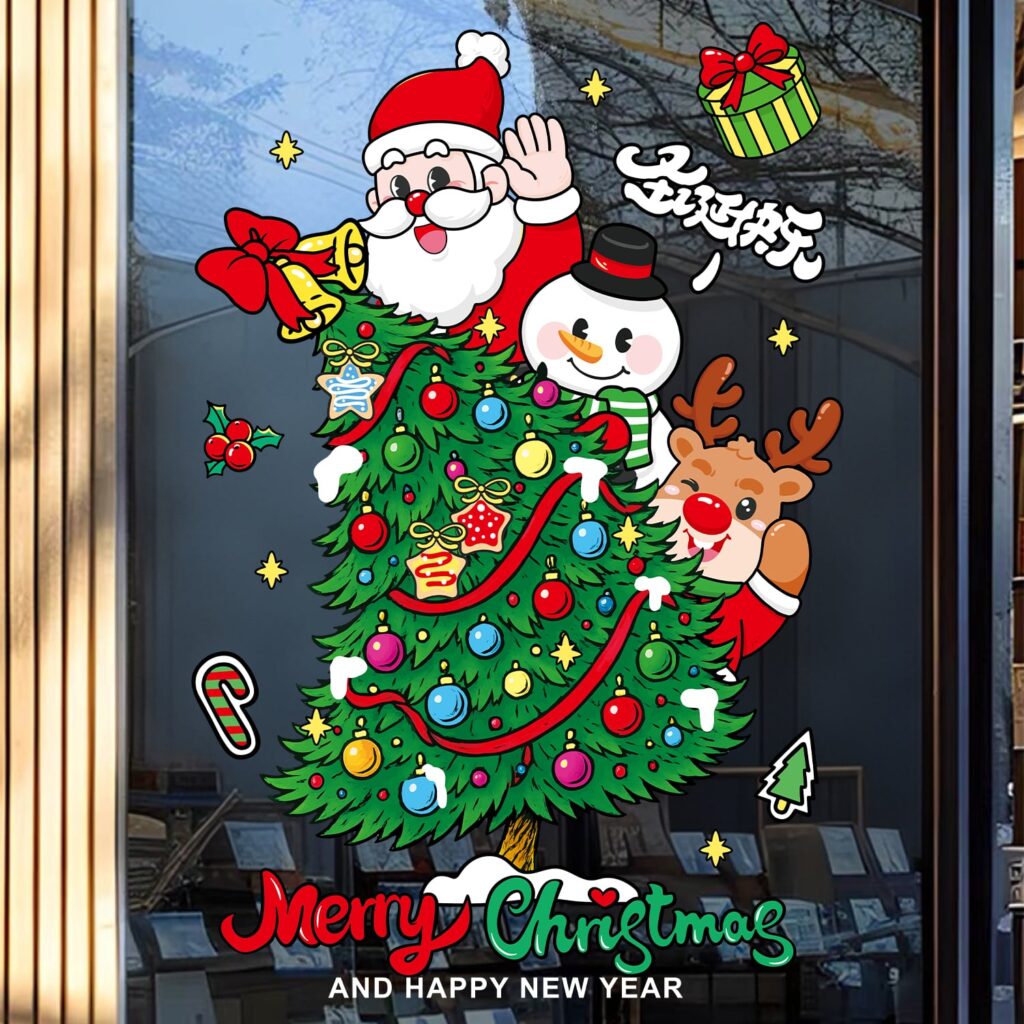 Decal Noel Cây Thông 2026 – Ông Già Noel, Người Tuyết & Tuần Lộc | Hít Tĩnh Điện | Khổ 50x70