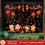 Decal Tết 2026 Hít Tĩnh Điện Combo 2 Tấm – Hoa Đào Lồng Đèn Bé Linh Vật | CDT222