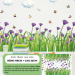 Decal Chân Tường Cỏ Xanh Hoa Tím Và Bướm Trang Trí Tường – Decal Dán Tường MingDecor